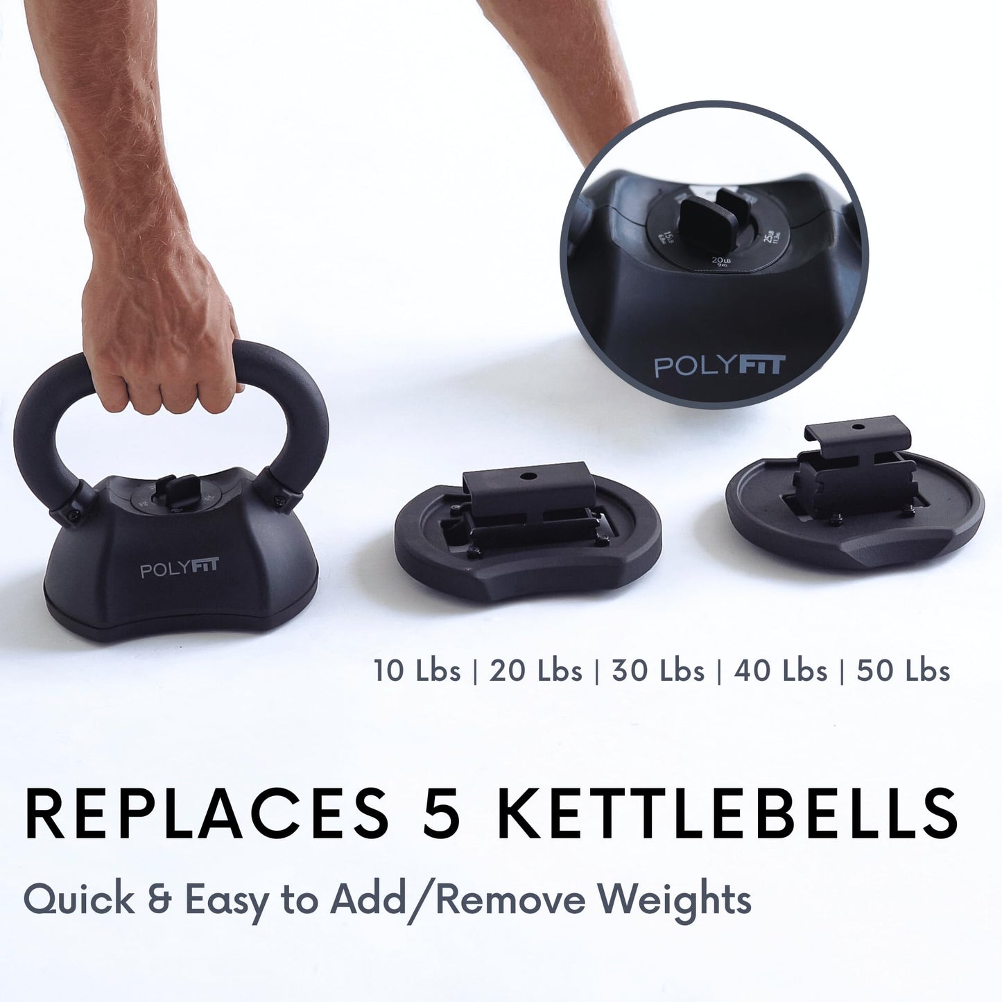 Polyfit Adjustable Kettlebell Set | 30/40/50 lbs | Kettlebell Weights for Home Gym (BLACK - 50 LB)