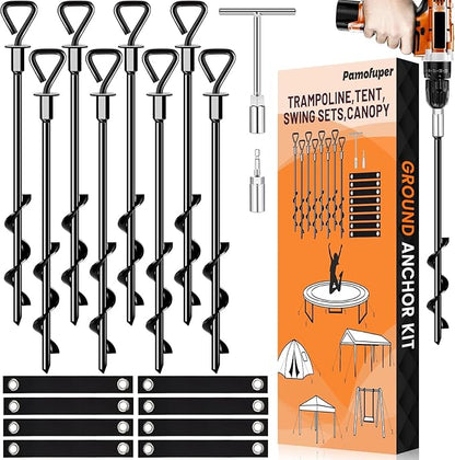 Trampoline Stakes Ground Anchors Screw in Tent Stakes Heavy Duty for High Winds, Trampoline Anchors with Straps, Canopies, Carports, Sheds, Swing Sets,Mobile Home 14in Ground Anchors