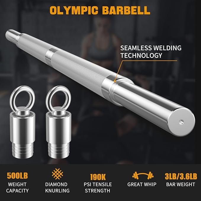 DASKING 4ft/4.9ft Barbell, 1-Inch Standard Detachable Bar, Portable Strength Training Bar for Weightlifting, Squat, Bench Press, Home Gym, 450LBS, Includes Silent Collars