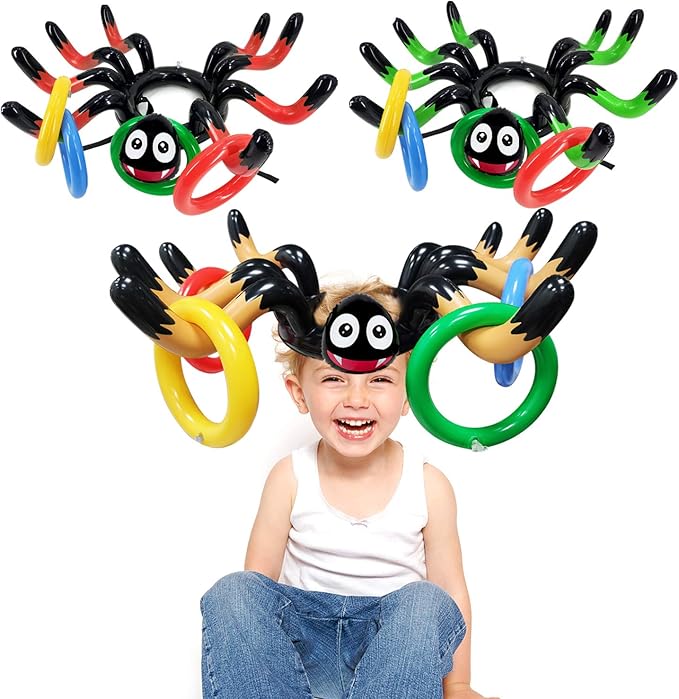 15 Pcs Inflatable Spider Ring Toss Game for Kids Halloween Inflatable Toss Game Party Toys Halloween Games School Carnival Party Supplies Indoor Outdoor Game for Kids Family (3 Spider, 12 Rings)