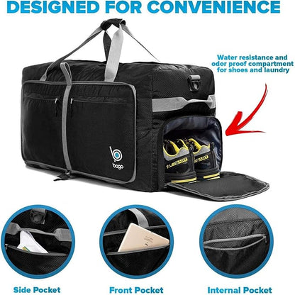 Bago Big XXL Foldable Duffel Bags for Traveling Women & Men - 140L Packable Duffle Bag for Travel with Shoe Compartment - Water Repellant, Heavy Duty, Lightweight Folding & Collapsible (Black)