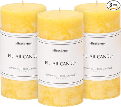 3x6 inch Yellow Pillar Candles Set of 3, Unscented Pillar Candle, Dripless and Smokeless Large Candles, Candle for Home Decor, Dinner Table,Weddings, Holidays