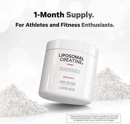 Codeage Liposomal Creatine Powder Supplement, Pure Creatine Monohydrate 5000mg, Pre Workout & Post Workouts - Unflavored Creatine, Micronized Creatine Powder - Creatinine for Sports - 30 Servings