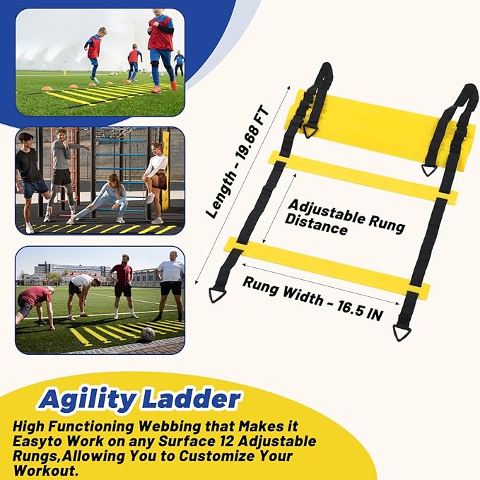 Soccer Agility Training Equipment Set, 12 Rung 20Ft Agility Ladder, 12 Disc Cones, 4 Steel Stakes, Solo Soccer Trainer, Jump Rope - Speed Training Equipment for Soccer Football Basketball
