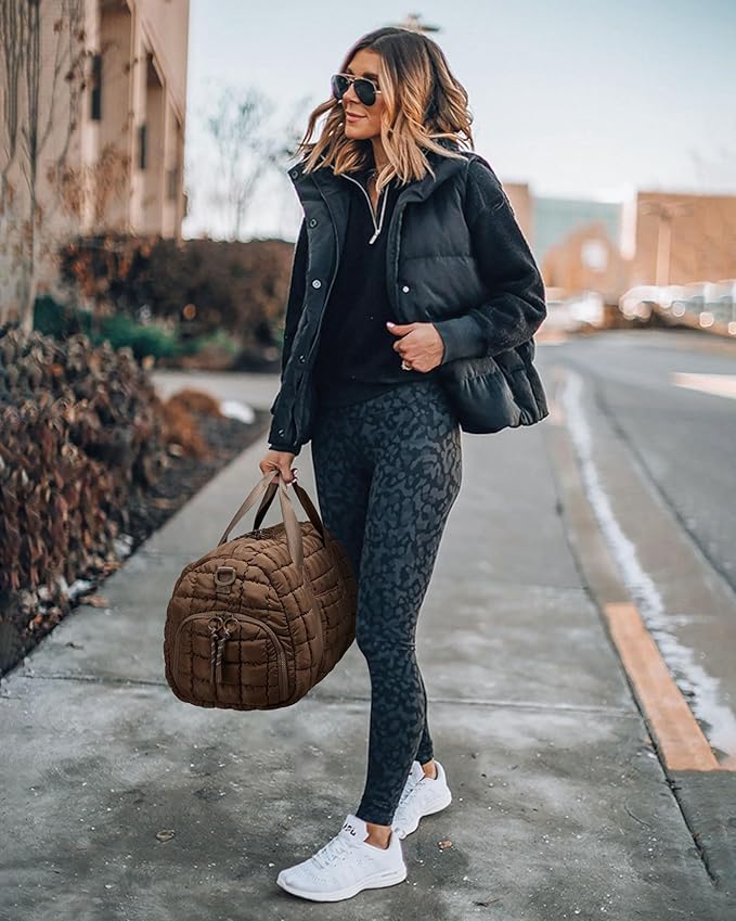 Quilted Duffel Bag for Women, Puffer Gym Duffle Bag with Shoe Compartment Lightweight Large Crossbody Sport Bag Travel Tote Brown