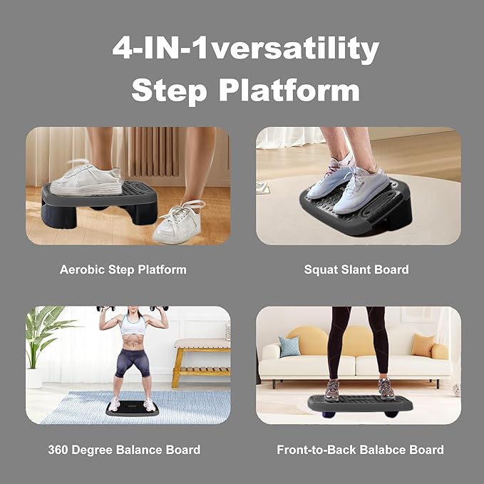 4-In-1 Aerobic Balance Board and Step Up Exercise Platform - Adjustable Multifunctional Balance Board Slant Board, Steppers for Exercise - Home Workout Non Slip Stepper Platform