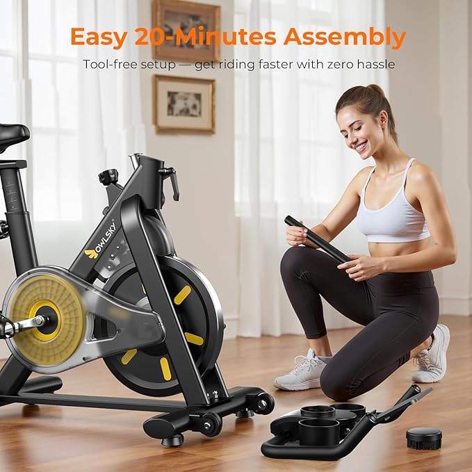 OWLSKY Exercise Bike with APP, Magnetic Resistance Indoor Cycling Bike, 300 lbs Capacity Quiet Stationary Bike for Home Gym Cardio Workout, Adjustable Seat & Tablet Holder