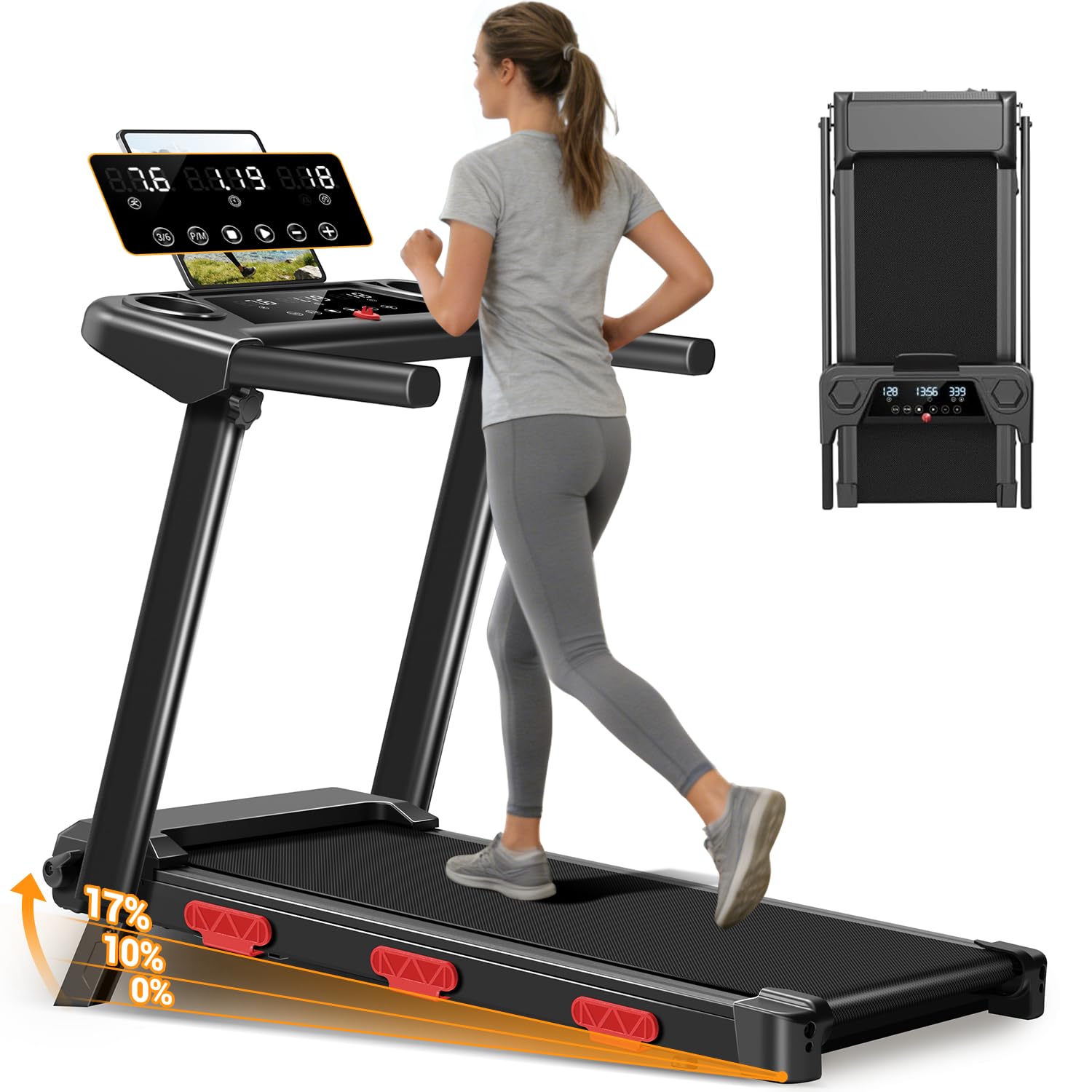 17% Incline Compact Folding Treadmill, 3.0HP Low Noise Walking Pad with Handlebars, 350 LBS