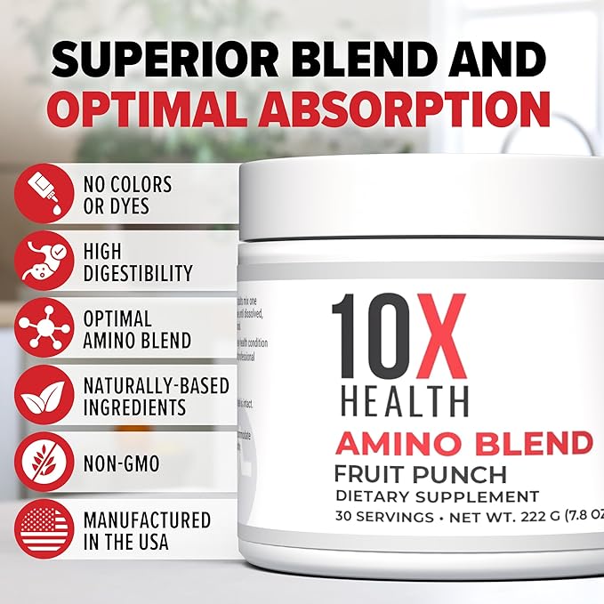 10X Health Amino Blend Pre Workout Powder for Men - Fruit Punch Flavor - EAA & BCAA Powder Amino Acids Supplement for Energy, Muscle Strength & Performance ??Pre and Post Workout - 30 Servings