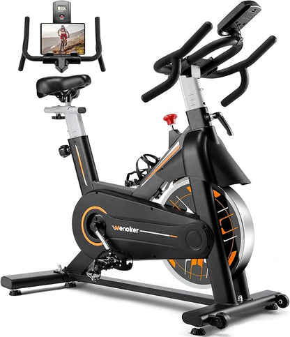 Exercise Bike, Wenoker Stationary Bike for Home, App Supported Indoor Bike with Silent Belt Drive, Heavy Flywheel, Multi-grips Handlebar and Upgraded Digital Display