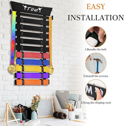 10 Belts Karate Belt Display Rack with Stickers, Taekwondo Belt Display, Martial Arts Belt Display Holder, Jiu Jitsu BJJ Belt Display Hanging Holder for Kids and Adults Gifts