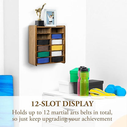 MyGift 12 Compartment Rustic Burnt Solid Wood Wall Mounted Dual Display Martial Arts Belt Holder with Top Trophy Storage Shelf in Horizontal or Vertical Mount