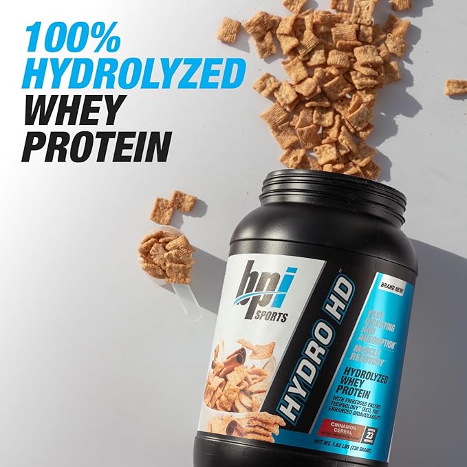 BPI Sports Hydro HD - 100% Hydrolyzed Whey Protein Powder - Muscle Growth, Recovery, 25g of Hydrolyzed Protein, Low Carb, Low Sugar, Fast Absorbing (23 Servings, Cinnamon Cereal)