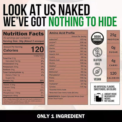 Naked Rice - Organic Brown Rice Protein Powder - Vegan Protein Powder - 5Lb Bulk, GMO Free, Gluten Free & Soy Free. Plant-Based Protein, No Artificial Ingredients - 76 Servings