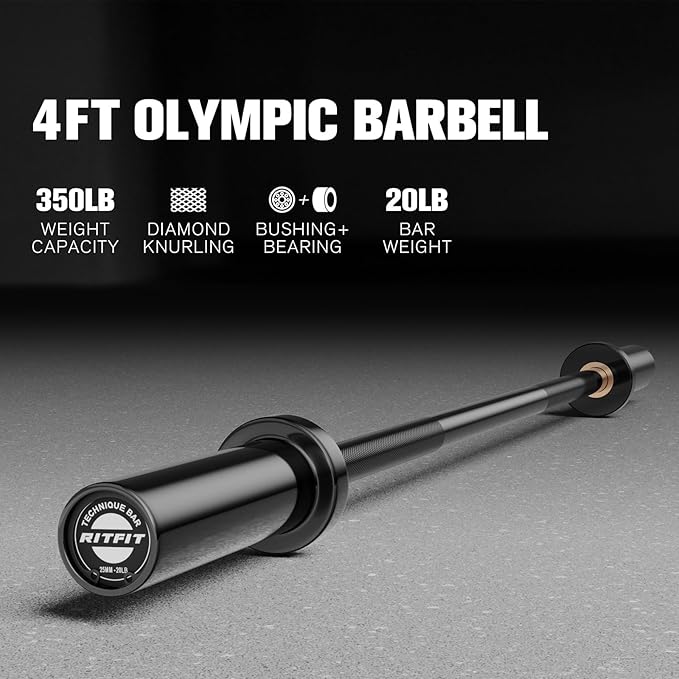 RITFIT Olympic Barbell 4ft/4.8ft/6ft - 2 Inch Weight Bar for Strength Training, Weightlifting, Squat, Deadlift, Bench Press, Curl, Overhead Press - 350lbs/500lbs Capacity