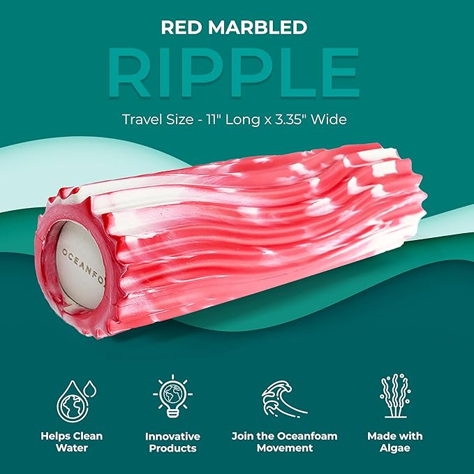 Oceanfoam Ripple Travel Foam Roller (11" x 3.35") Firm Mini Foam Roller for Physical Therapy, Deep Tissue Massage, Back Pain - High Density, Ergonomic Wave Textured - Yoga, Exercise (Red Marbled)
