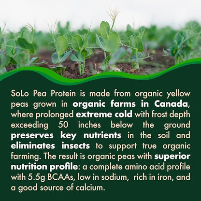 Solo Organic Pea Protein Isolate, Low in Sodium, Canada Grown Peas, 100% Vegan, Non-GMO, Unflavored Plant Based Protein Powder with BCAA, Keto & Paleo Friendly, Easy to Digest, No Additives (2.7 lbs)