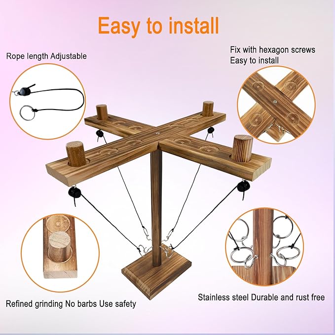 Ring Toss Game, Ring and Hook Game, Patio Games, Ring toss Game for Adults,Games for Adults Party,Handmade Wooden Interactive Game Home and Party Fun, Yellow-Brown