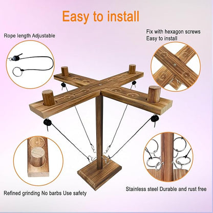 Ring Toss Game, Ring and Hook Game, Patio Games, Ring toss Game for Adults,Games for Adults Party,Handmade Wooden Interactive Game Home and Party Fun, Yellow-Brown