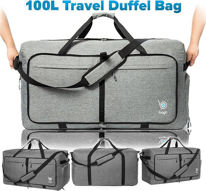 Bago Big XXL Foldable Duffel Bags for Traveling Women & Men - 140L Packable Duffle Bag for Travel with Shoe Compartment - Water Repellant, Heavy Duty, Lightweight Folding & Collapsible (SnowGray)