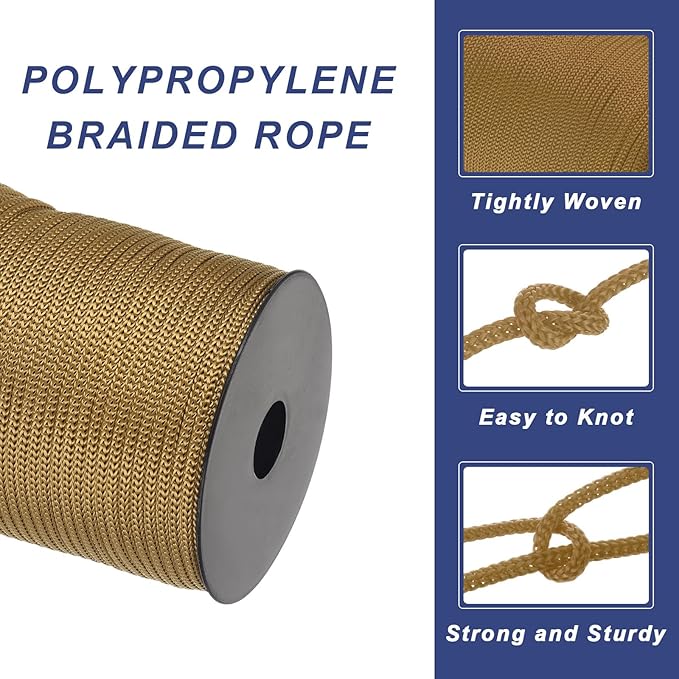 MECCANIXITY 5/32 Inch Polypropylene Rope Braided Ropes, 328ft Camping Rope Hollow Utility Cord for Clothesline, Hiking, Outdoor, Brown