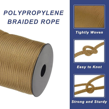 MECCANIXITY 5/32 Inch Polypropylene Rope Braided Ropes, 328ft Camping Rope Hollow Utility Cord for Clothesline, Hiking, Outdoor, Brown