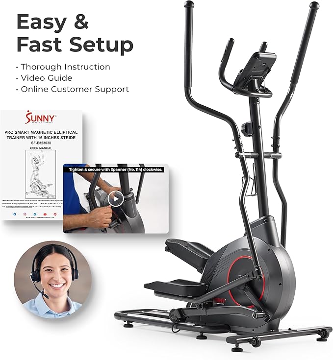 Sunny Health & Fitness Smart Upright Elliptical w/Pulse Sensor Built-in, Indoor Full-Body Cross-Training & Cardio Exercise Machine for Home, Free SunnyFit App Connection, Optional Long Stride Length