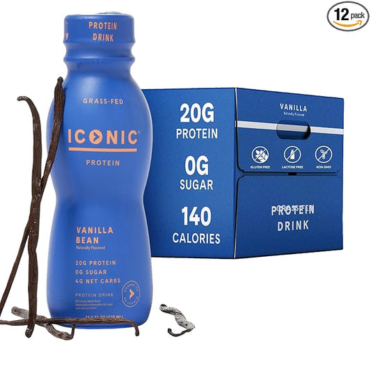 Iconic Protein Drinks, Vanilla Bean (12 Pack) - Sugar Free & Low Carb - 20g Grass Fed Protein