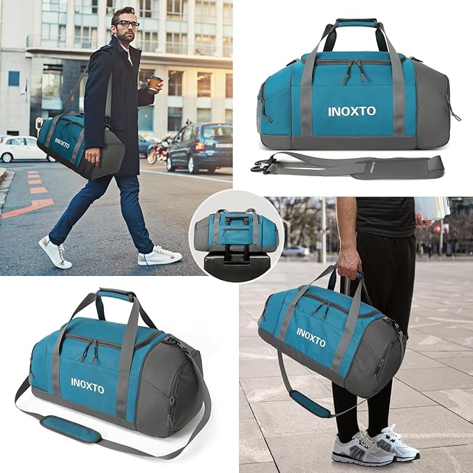 Sports Gym Bag，INOXTO Travel Duffel Bag with Dry Wet Pocket And Shoe CompartmentFor Women and Men，40L/55L Fitness Waterproof Weekender Bag For Swim Sports Travel Working Out (Blue White, 55L)