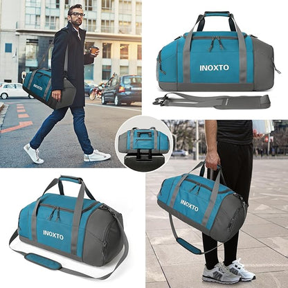 Sports Gym Bag，INOXTO Travel Duffel Bag with Dry Wet Pocket And Shoe CompartmentFor Women and Men，40L/55L Fitness Waterproof Weekender Bag For Swim Sports Travel Working Out (Blue White, 55L)