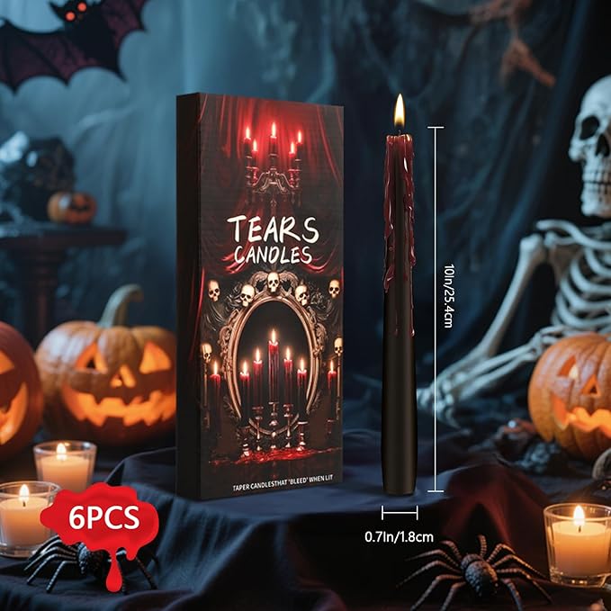 6 Pack Halloween Bleeding Candles, Black Vampire Tears Taper Candles Spooky Blood Drip Candles Set for Halloween Party Gothic Home Vampire Theme Rituals Decoration