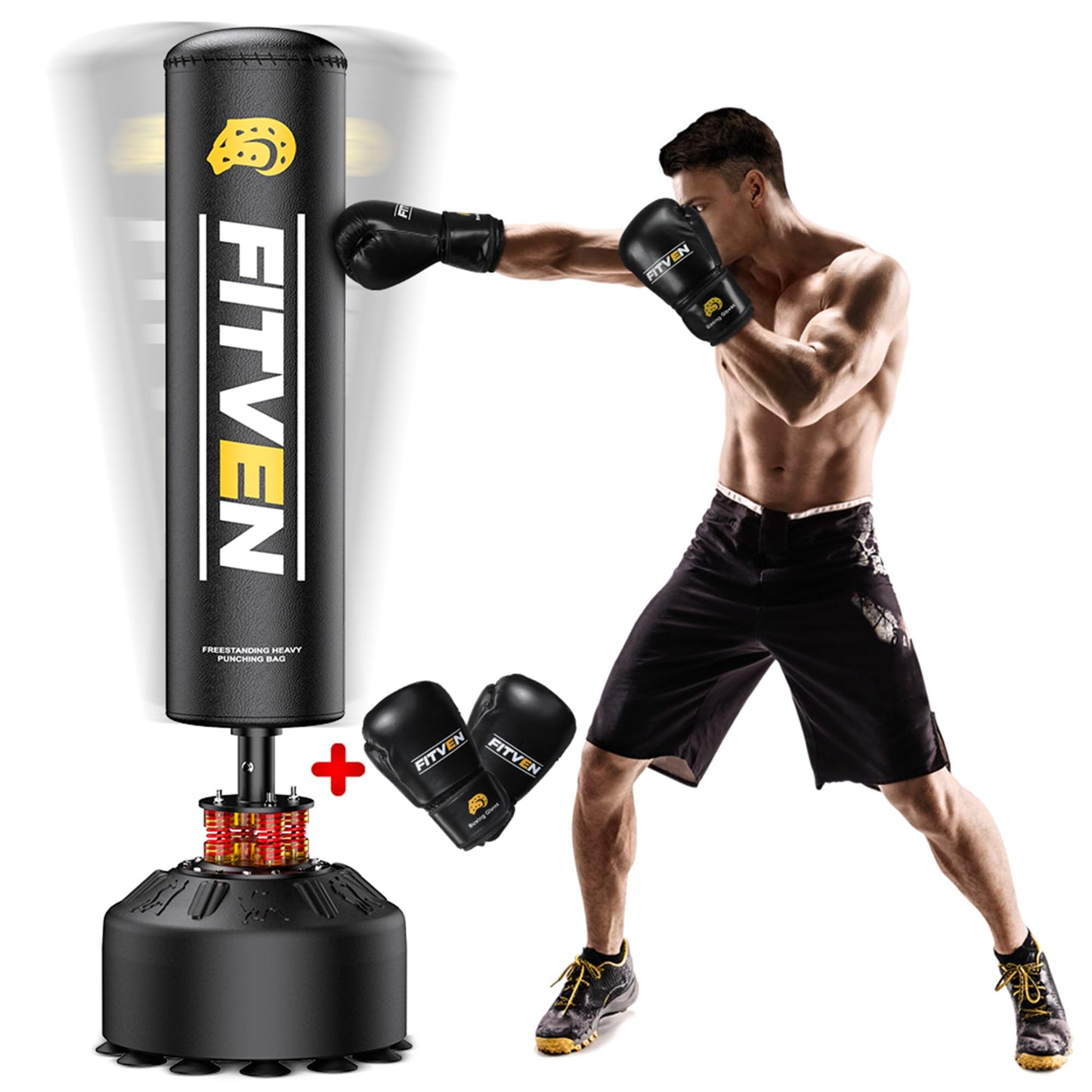 FITVEN Freestanding Punching Bag 70''-190lbs with Boxing Gloves Heavy Boxing Bag with Suction Cup