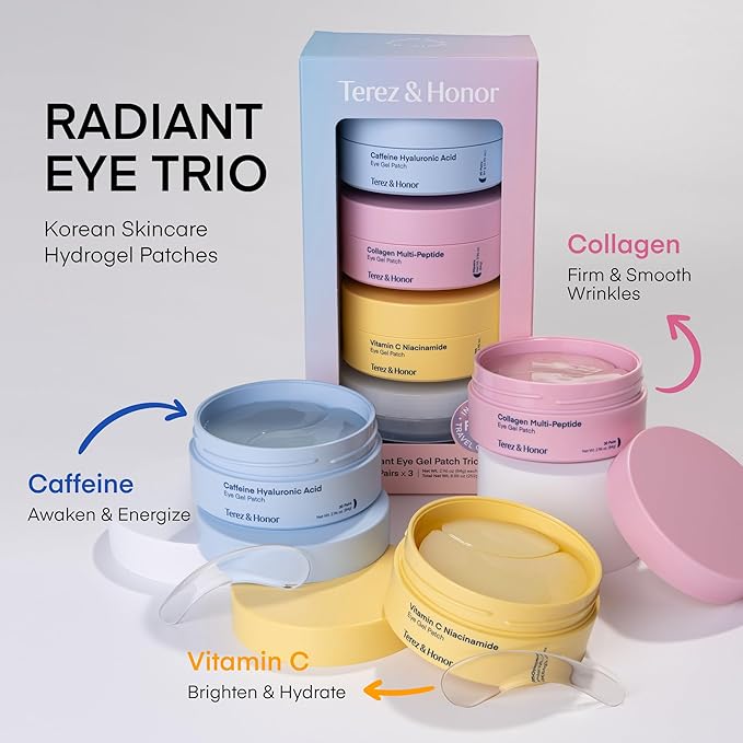 TEREZ & HONOR Eye Patches Set: Korean Hydrogel Eye Masks, 3 Pack (x 60 Pcs) with Caffeine, Collagen & Vitamin C - For Puffy Eyes, Dark Circles, Fine Lines, Wrinkles & Bags, Travel Case Included