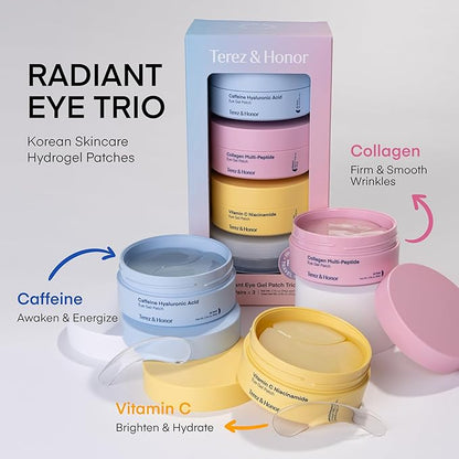 TEREZ & HONOR Eye Patches Set: Korean Hydrogel Eye Masks, 3 Pack (x 60 Pcs) with Caffeine, Collagen & Vitamin C - For Puffy Eyes, Dark Circles, Fine Lines, Wrinkles & Bags, Travel Case Included