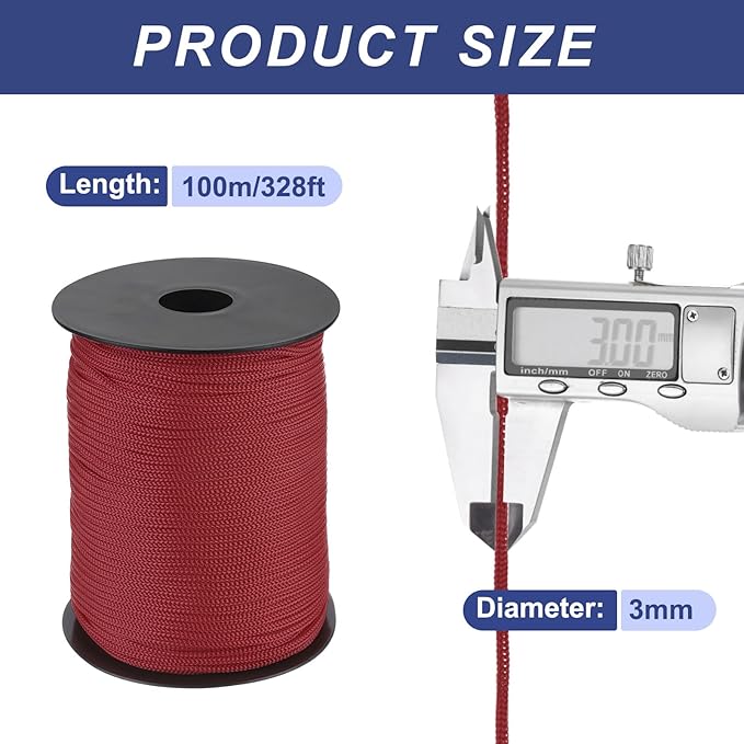 MECCANIXITY 1/8 Inch Polypropylene Rope Braided Ropes, 328ft Nylon Rope Hollow Utility Cord for Clothesline, Camping, Hiking, Outdoor, Wine Red