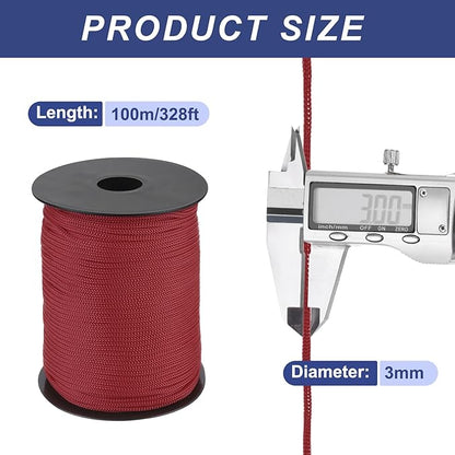 MECCANIXITY 1/8 Inch Polypropylene Rope Braided Ropes, 328ft Nylon Rope Hollow Utility Cord for Clothesline, Camping, Hiking, Outdoor, Wine Red