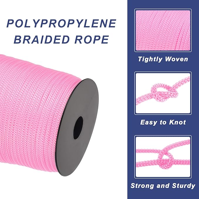 MECCANIXITY 3/16" Polypropylene Rope Braided Ropes, 328ft Camping Rope Hollow Utility Cord for Clothesline, Hiking, Outdoor, Light Pink