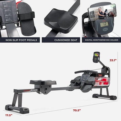 Sunny Health & Fitness Premium Water Rower w/Intensive Dynamic Real-Time Resistance, 300 LB Capacity Flip-able Rowing Machine for Home Training, Optional Free SunnyFit App Connection