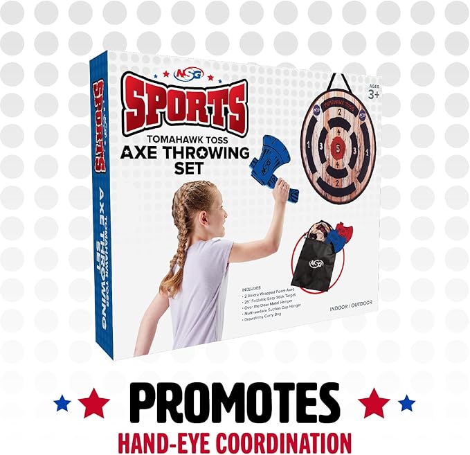 NSG Tomahawk Toss - Foam Axe Throwing Game for Kids - Two Lightweight Axes with Large Easy Stick Target, Wood/Black/red/Blue (JS7000)
