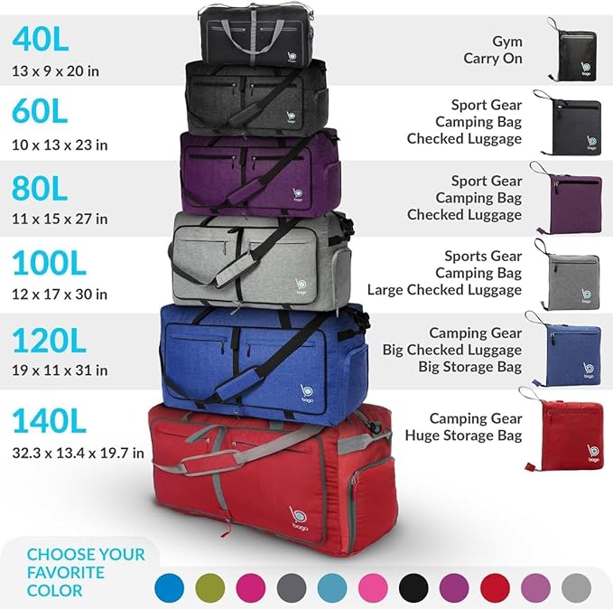 Bago Large Foldable Duffel Bags for Traveling Women & Men - 80L Packable Duffle Bag for Travel with Shoe Compartment - Water Repellant, Heavy Duty, Lightweight Folding & Collapsible (Red)