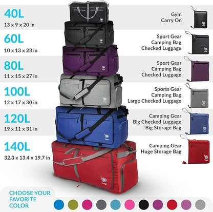 Bago Foldable Duffel Bags for Traveling Women & Men - 40L Sports Packable Duffle Bag for Travel with Shoe Compartment - Water Repellant, Heavy Duty, Lightweight Folding & Collapsible (SnowDepPurple)