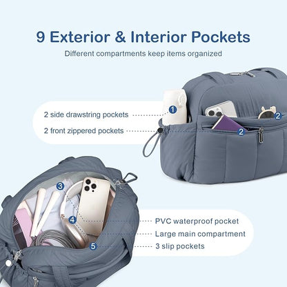 TOPDesign Travel Duffel Bag for Women, Puffer Gym Bag Sports Tote with Wet Pocket, Carry On Weekender with Luggage Sleeve (Blue Grey)