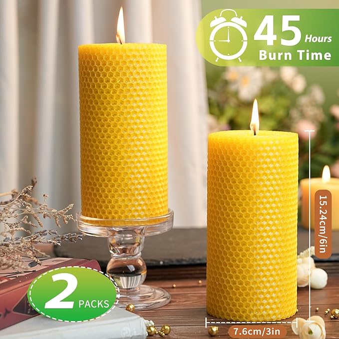 3x6 Rolled Beeswax Candles, 2 Packs, Handcrafted Honeycomb Beeswax Pillar Candles, Natural Pure Bees Wax Candle Farm Gifts for Home Decor, Candle Lovers, Air Purify