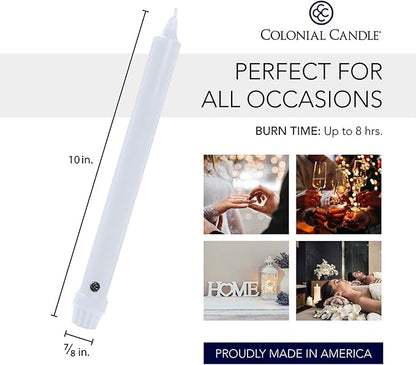 Colonial Candle Unscented Taper Candle, Classic Collection, White, 10 In, Pack of 12 - Up to 8 Hours Burn
