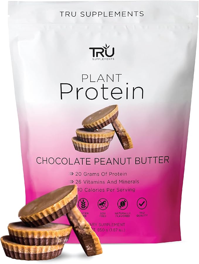 TRU Supplements Plant Based Protein Powder, BCAA, EAA, 20g Vegan Brown Rice & Pea Protein, 100 Calories, 27 Vitamins, No Artificial Flavors 25 Servings (Chocolate Peanut Butter)