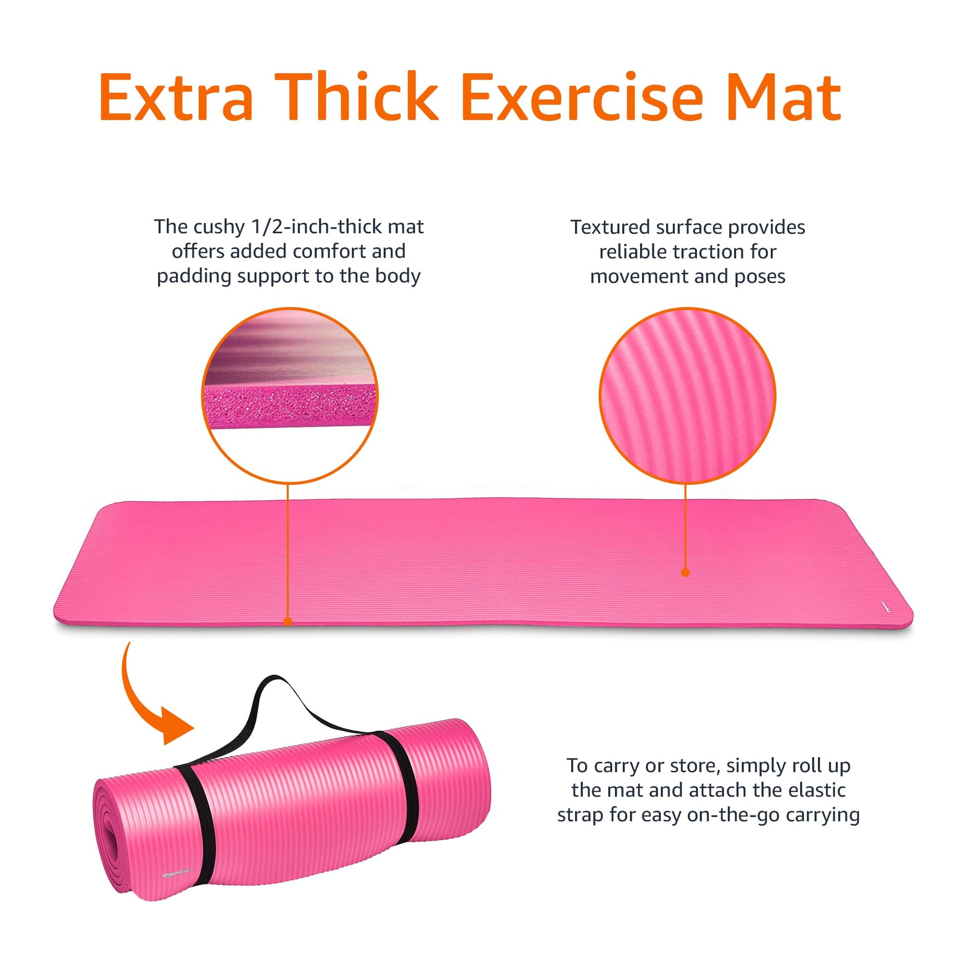 Amazon Basics 1/2 Inch Extra Thick Exercise Yoga Mat with Carrying Strap for Home Workouts and