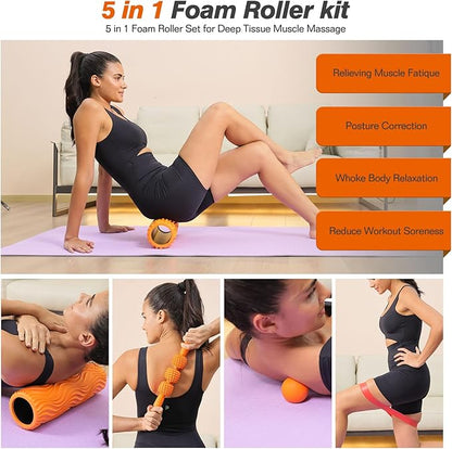 5 in 1 Foam Roller Set - Trigger Point Foam Back Roller, Muscle Roller Stick, Massage Ball, Stretching Band for Deep Muscle Massage Pilates Yoga,Fitness Exercise for Whole Body Release (Orange)
