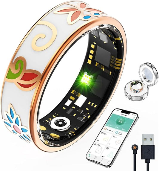 Advanced Smart Health Ring for Men & Women - IP68 Waterproof Health Tracker Ring with Heart Rate, Step Counting, Sleep Monitoring, No Subscription Fee for iPhone/Android, Enamel Rose Gold 8#