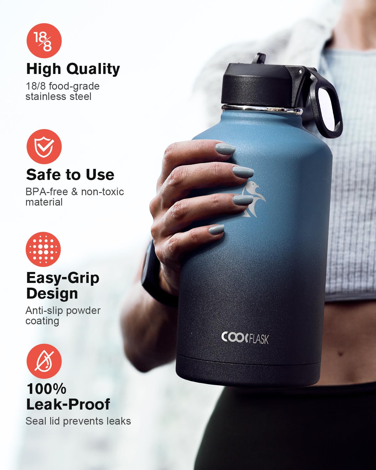 Coolflask Half Gallon Water Bottle Insulated with Straw & 3 Leakproof Lids