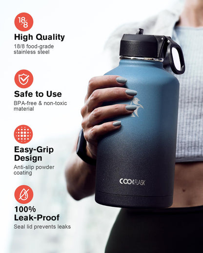Coolflask Half Gallon Water Bottle Insulated with Straw & 3 Leakproof Lids